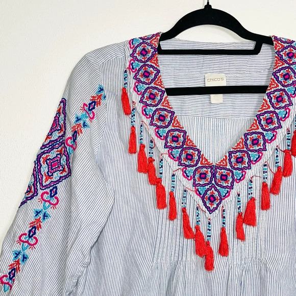Chico’s Blue & White Striped Embroidered Tassel Popover Top 2 Large Women’s - Picture 3 of 10